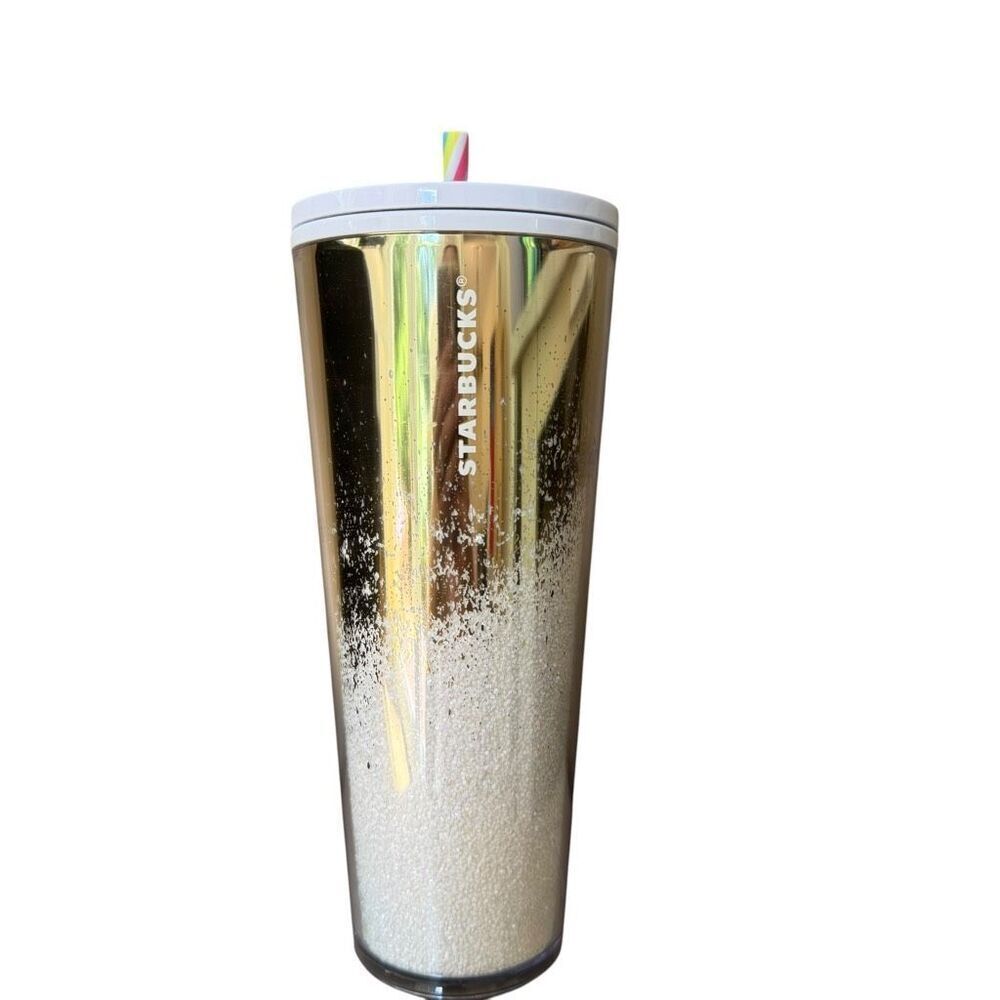 Starbucks Holiday Collection Cold Cup Tumbler Gold Mirror Cascading Snow Glitter